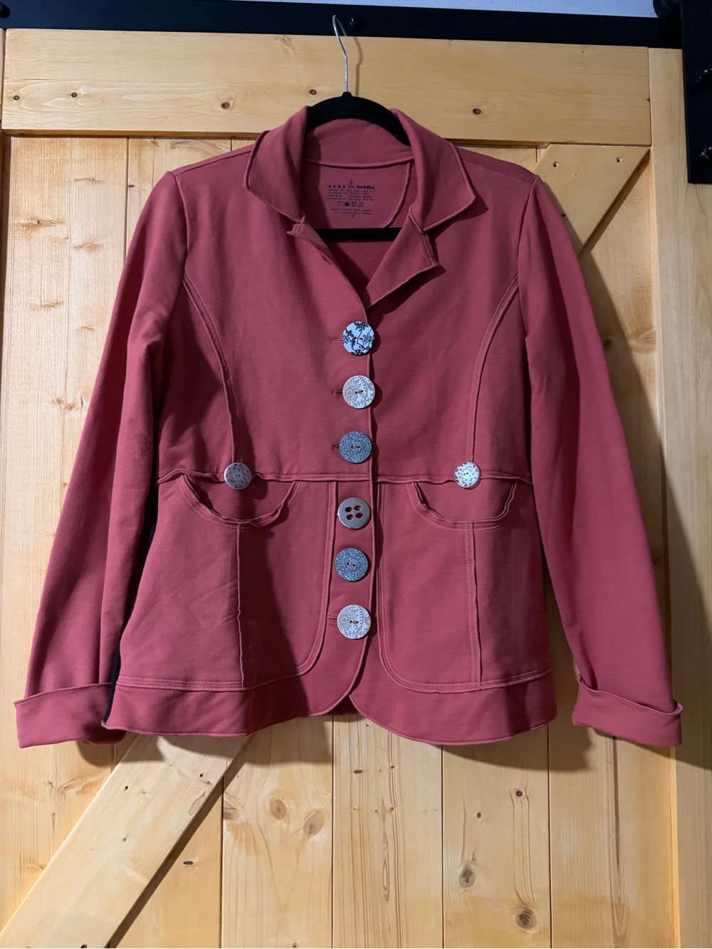 Neon Buddha Coral & Black Knit Jacket Small Artistic Mixed Buttons, Tiered Back